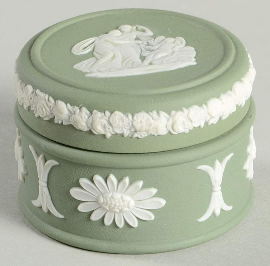Cream Color on Celadon Jasperware Round Miniature Box by Wedgwood-1