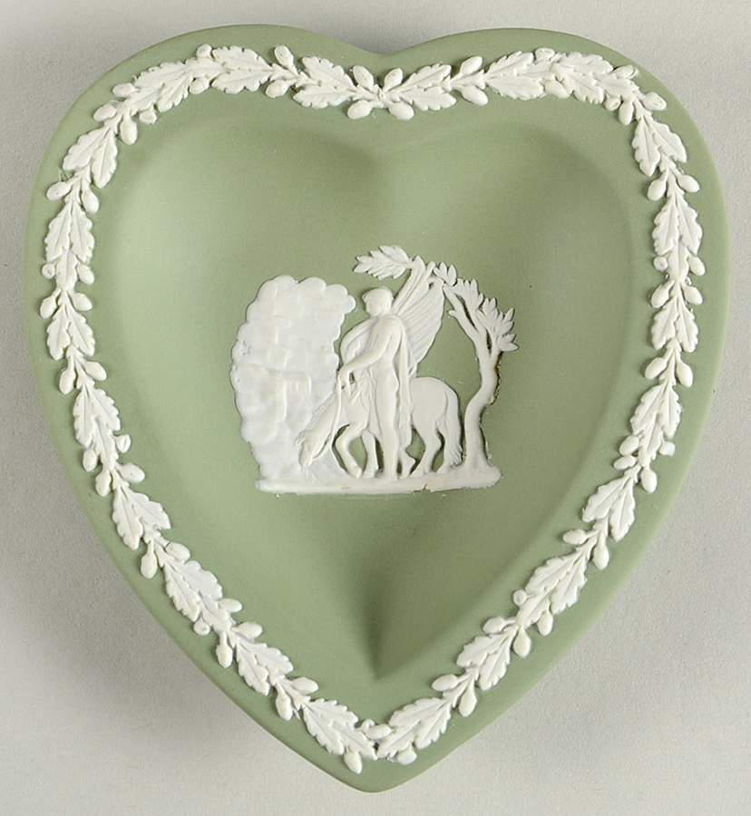 Cream Color on Celadon Jasperware Small Heart Shape Ashtray by Wedgwood-1