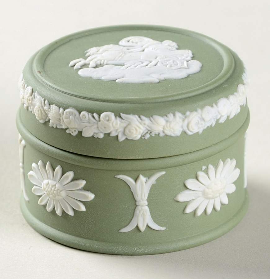Cream Color on Celadon Jasperware Miniature Round Box by Wedgwood-1