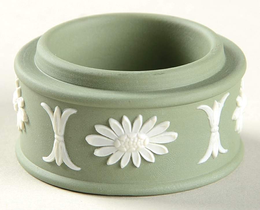 Cream Color on Celadon Jasperware Miniature Round Box No Lid by Wedgwood-1