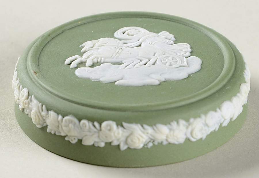 Cream Color on Celadon Jasperware Lid for Miniature Round Box by Wedgwood-1