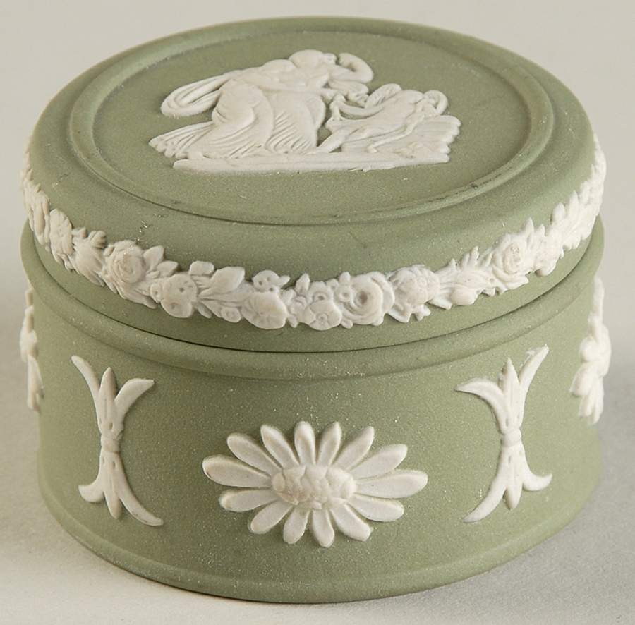 Cream Color on Celadon Jasperware Round Miniature Box by Wedgwood-1