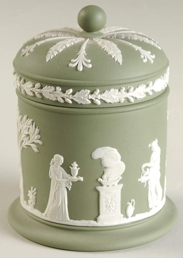 Cream Color on Celadon Jasperware Olympus Jar & Lid by Wedgwood-1