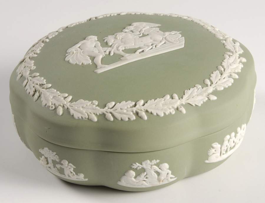 Cream Color on Celadon Jasperware Large Scalloped Candy Box & Lid by Wedgwood-1