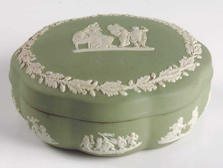 Cream Color on Celadon Jasperware Large Scalloped Candy Box & Lid by Wedgwood-1