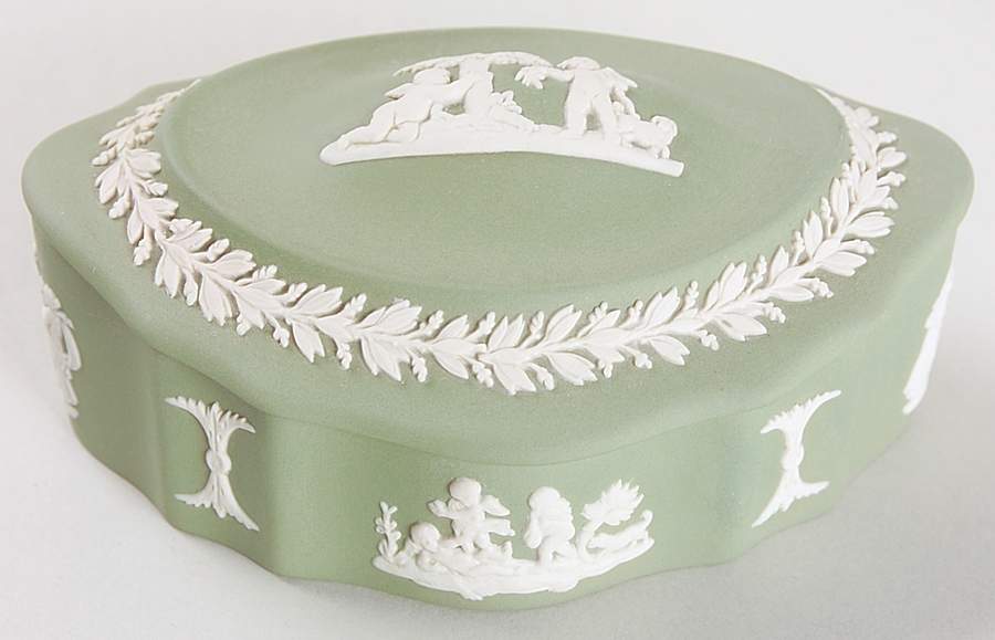 Cream Color on Celadon Jasperware Silver/Candy Box & Lid by Wedgwood-1