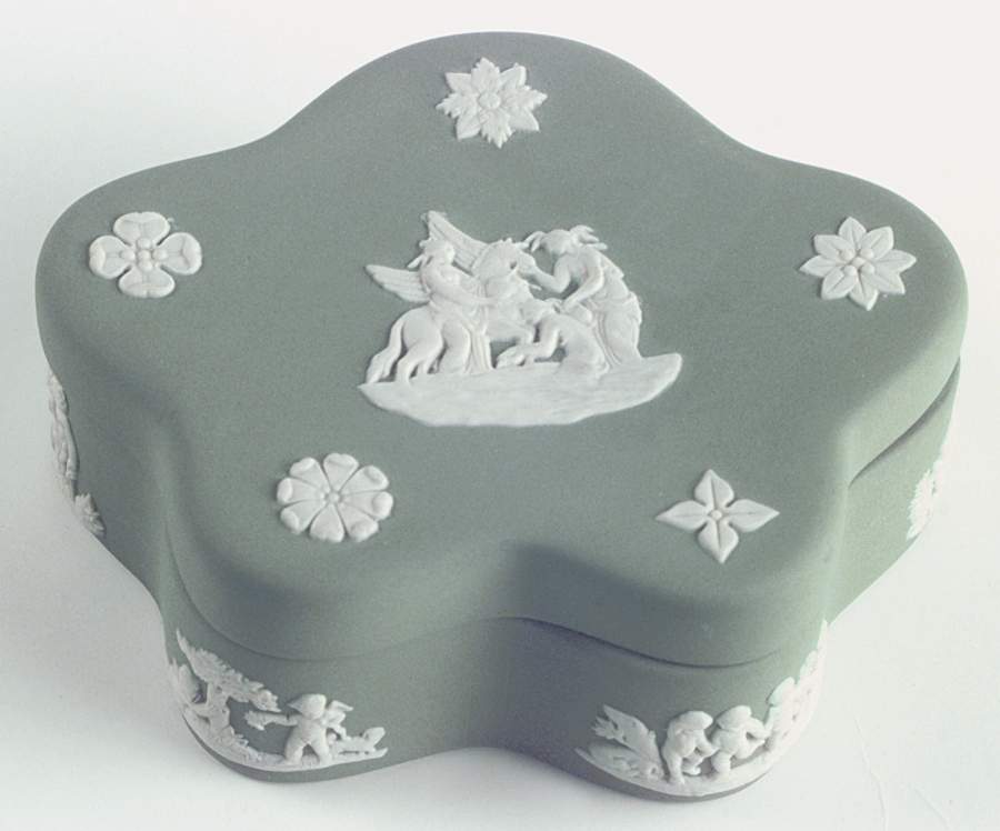 Cream Color on Celadon Jasperware Pentefoil Box & Lid by Wedgwood-1