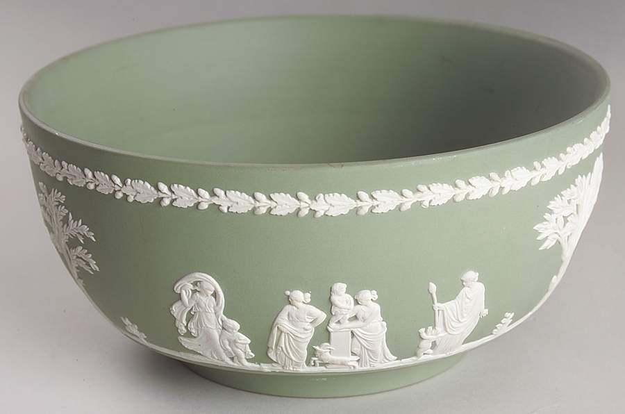 Cream Color on Celadon Jasperware Round Sacrifice Bowl by Wedgwood-1