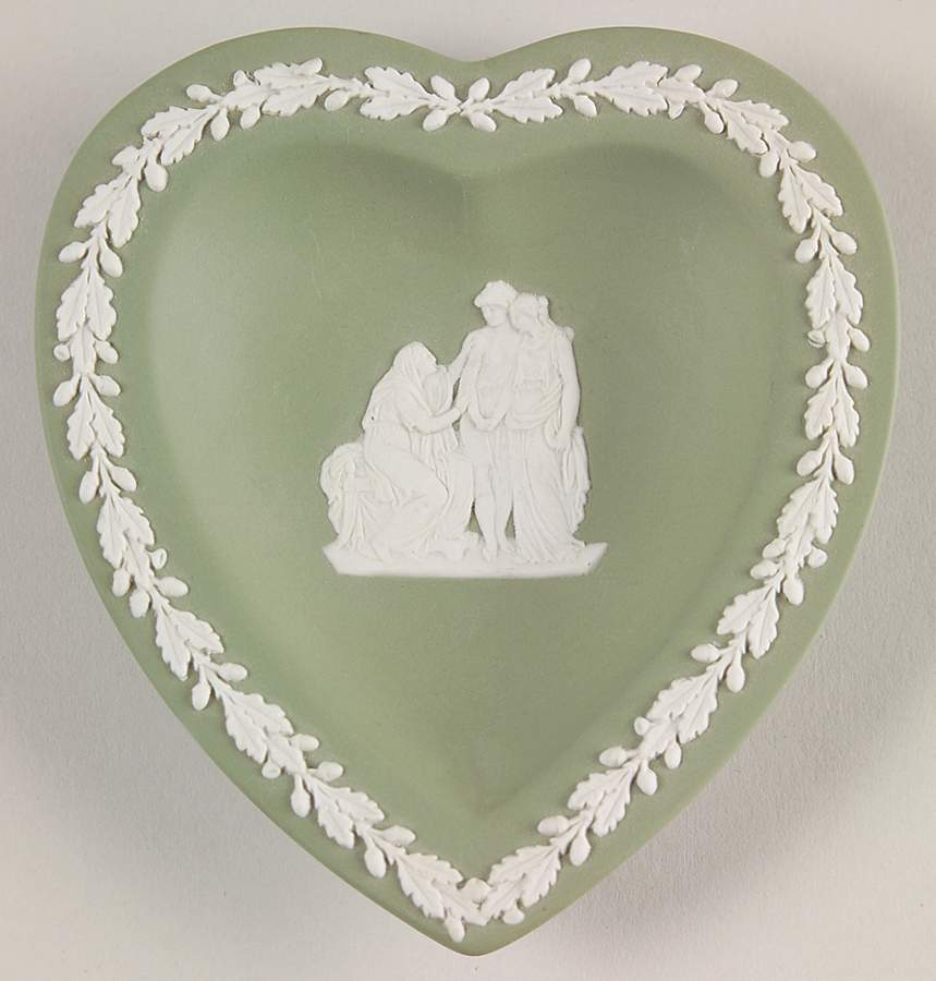 Cream Color on Celadon Jasperware Small Heart Shape Ashtray by Wedgwood-1