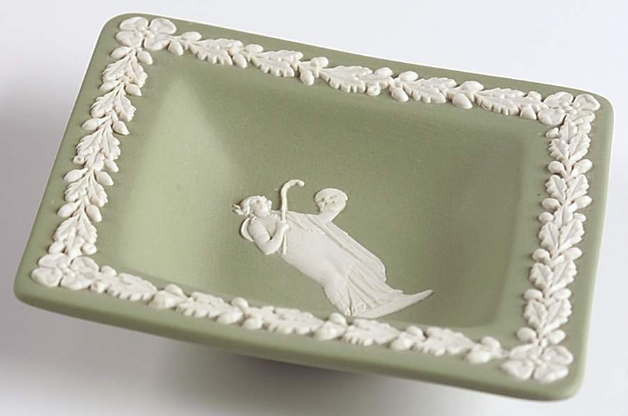 Cream Color on Celadon Jasperware 5" Small Diamond Shape Ashtray by Wedgwood-1