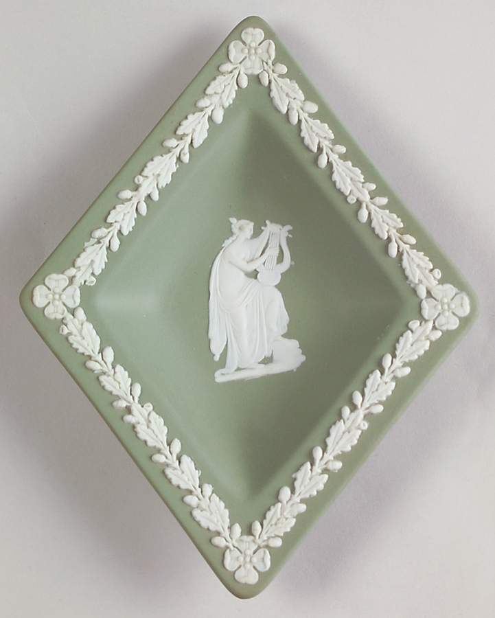 Cream Color on Celadon Jasperware 5" Small Diamond Shape Ashtray by Wedgwood-1
