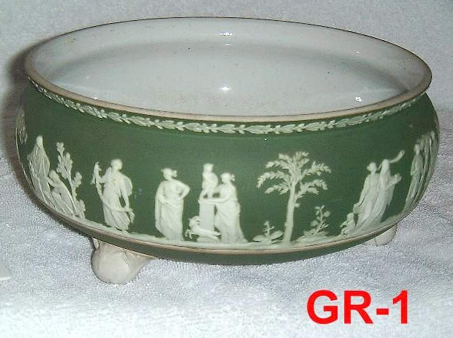 Cream Color on Celadon Jasperware Footed Fern Bowl by Wedgwood-1