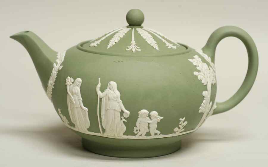 Cream Color on Celadon Jasperware Teapot & Lid by Wedgwood-1