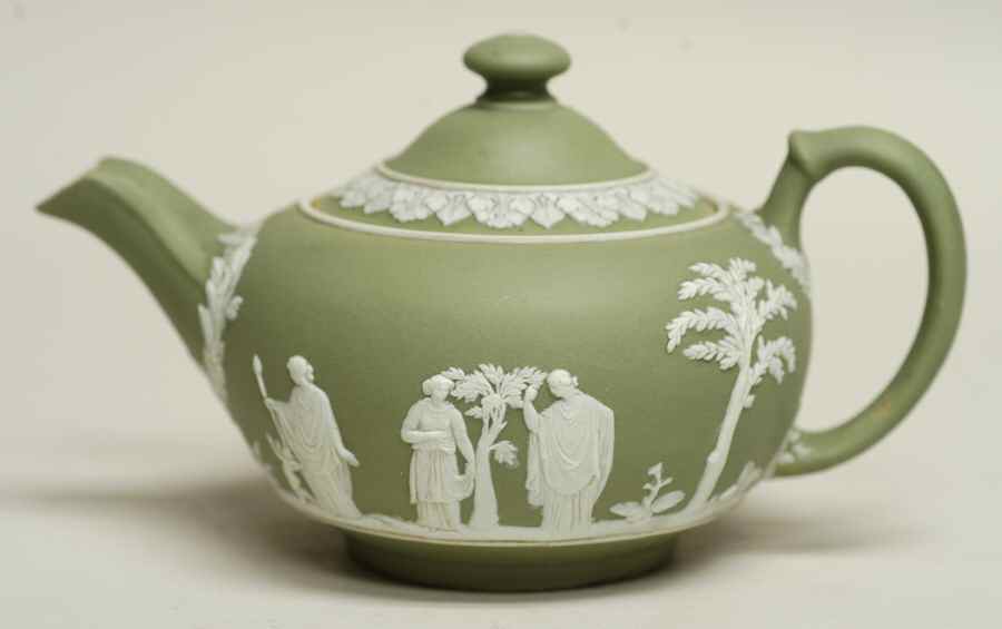 Cream Color on Celadon Jasperware Individual Teapot & Lid by Wedgwood-1