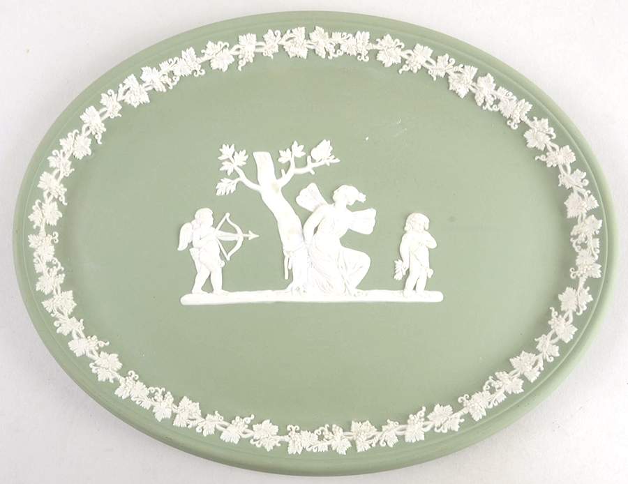 Cream Color on Celadon Jasperware Oblong Templeton Tray by Wedgwood-1