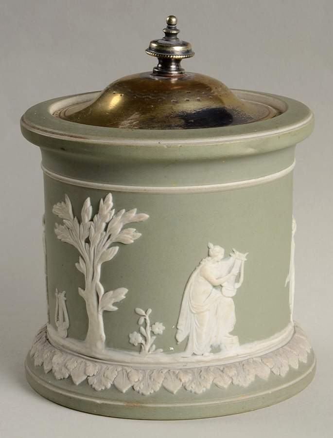 Cream Color on Celadon Jasperware Tobacco Jar & Lid by Wedgwood-1