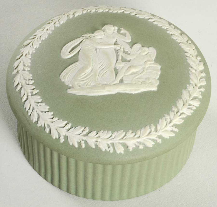Cream Color on Celadon Jasperware 2" Round Fluted Box & Lid by Wedgwood-1