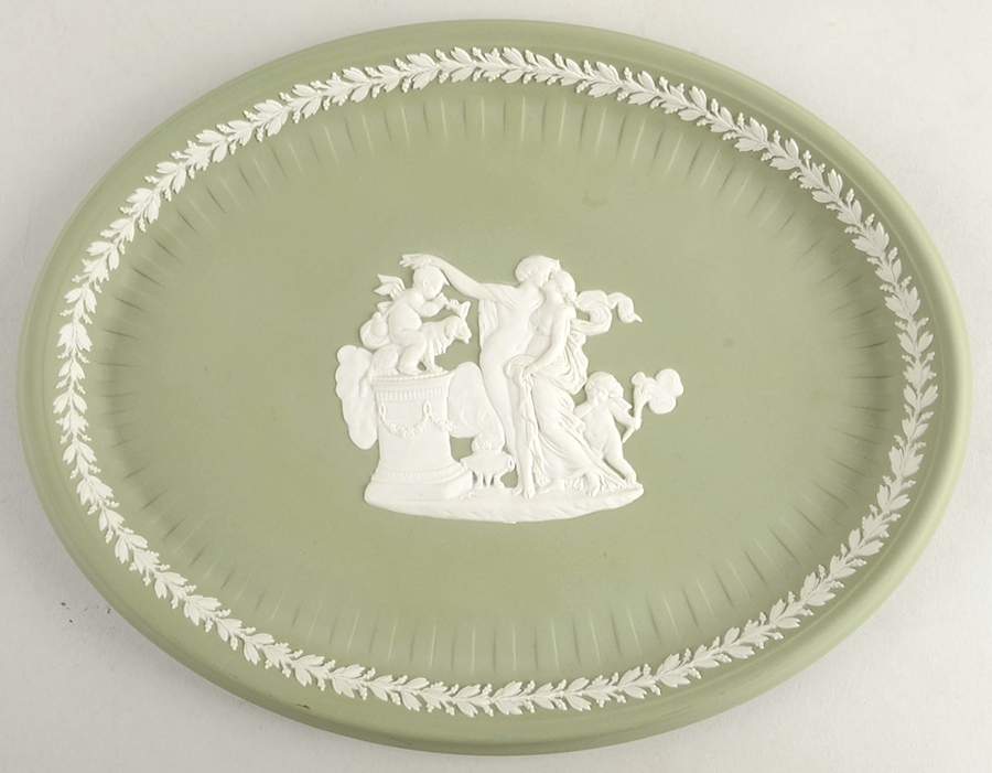 Cream Color on Celadon Jasperware 10" Oval Tray by Wedgwood-1