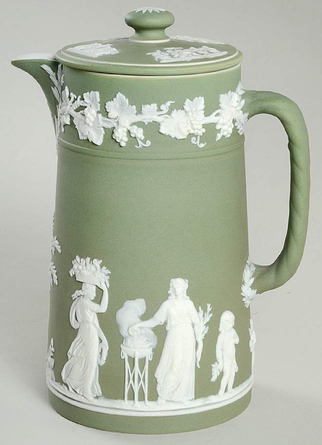 Cream Color on Celadon Jasperware Hot Water Jug & Lid by Wedgwood-1