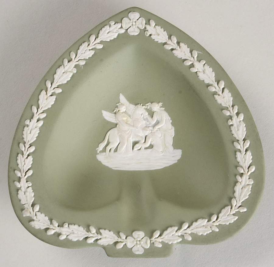 Cream Color on Celadon Jasperware Small Spade Shape Ashtray by Wedgwood-1