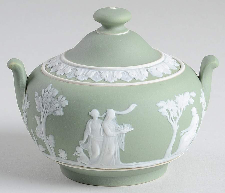 Cream Color on Celadon Jasperware Sugar Bowl & Lid by Wedgwood-1