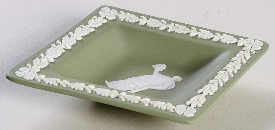 Cream Color on Celadon Jasperware Small Diamond Shape Ashtray by Wedgwood-1