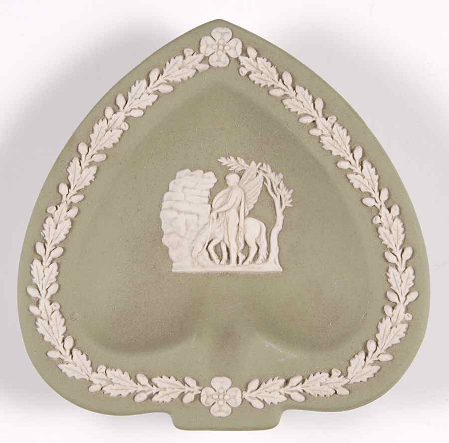 Cream Color on Celadon Jasperware Small Spade Shape Ashtray by Wedgwood-1