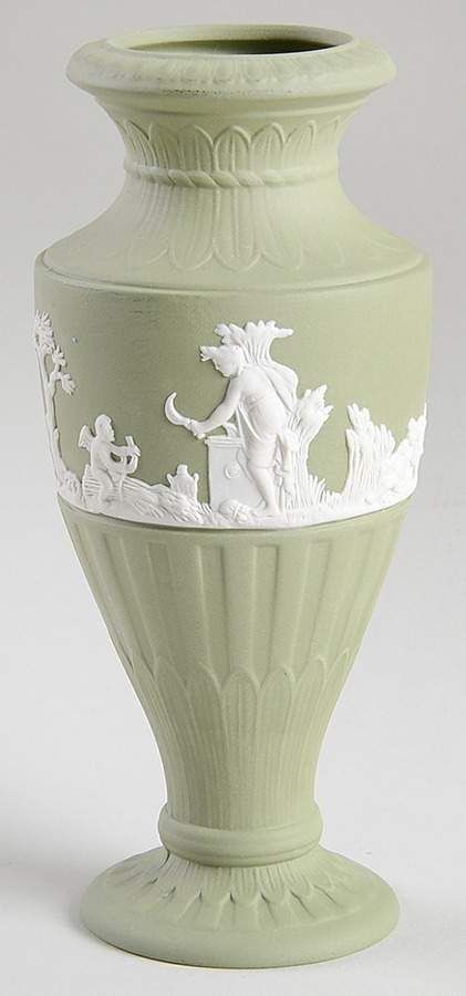 Cream Color on Celadon Jasperware Fluted Vase by Wedgwood-1