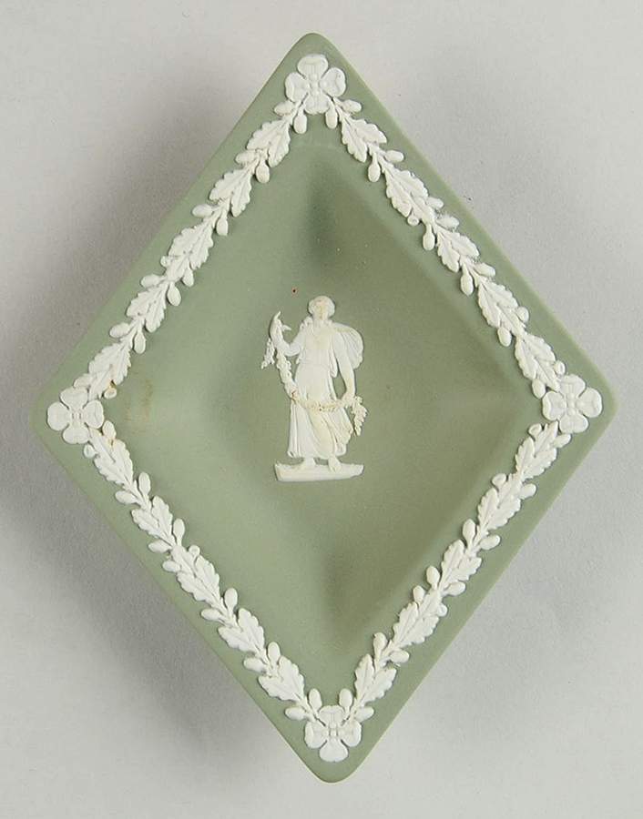 Cream Color on Celadon Jasperware Small Diamond Shape Ashtray by Wedgwood-1