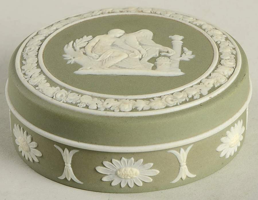 Cream Color on Celadon Jasperware 3" Round Box & Lid by Wedgwood-1