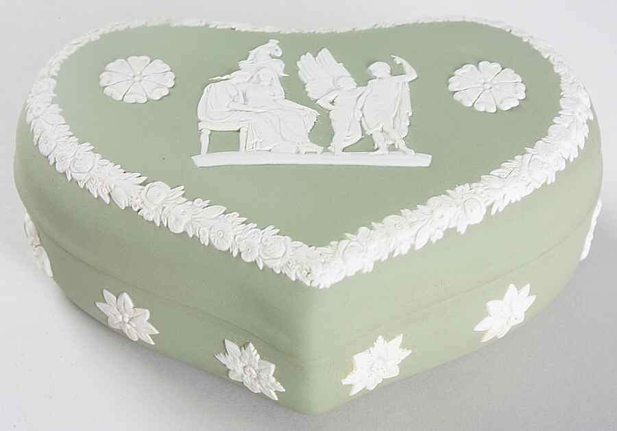 Cream Color on Celadon Jasperware Heart Shape Box & Lid by Wedgwood-1