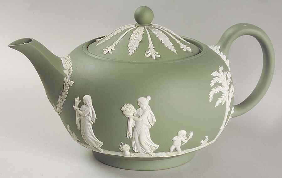 Cream Color on Celadon Jasperware Teapot & Lid by Wedgwood-1