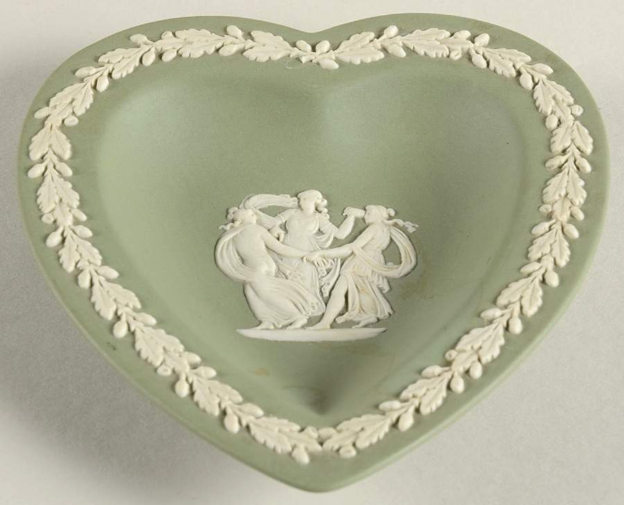 Cream Color on Celadon Jasperware Small Heart Shape Ashtray by Wedgwood-1