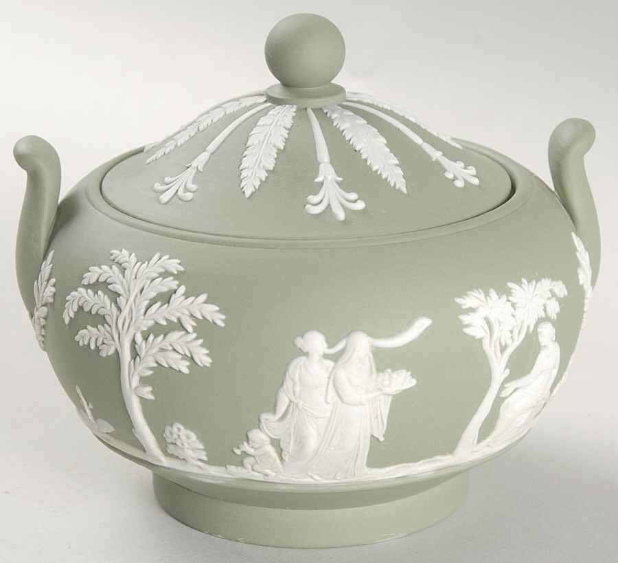 Cream Color on Celadon Jasperware Sugar Bowl & Lid by Wedgwood-1