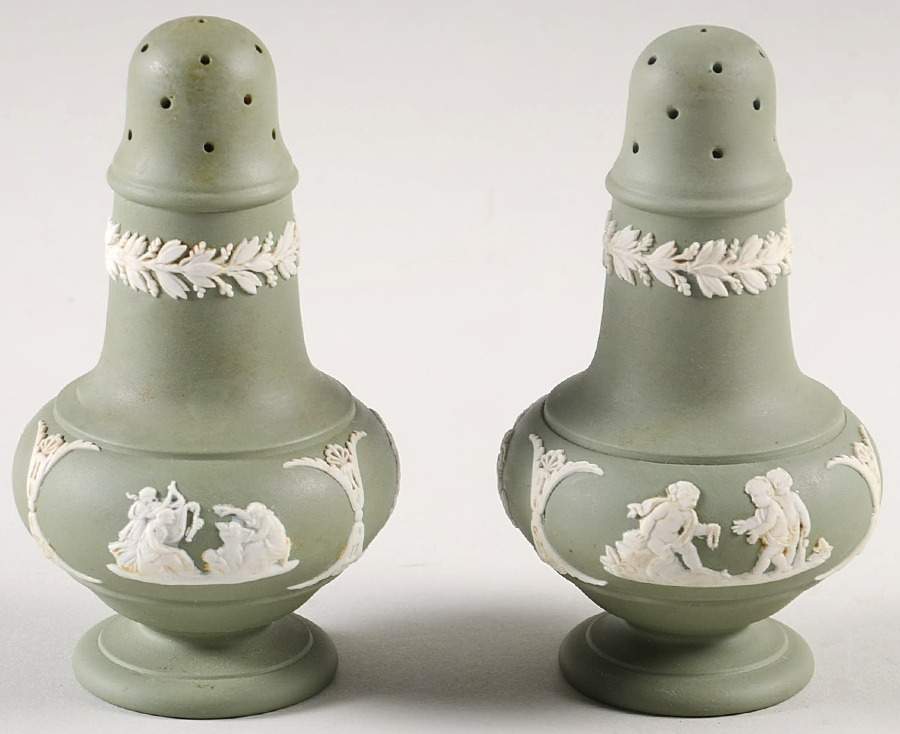Cream Color on Celadon Jasperware Salt & Pepper Set by Wedgwood-1