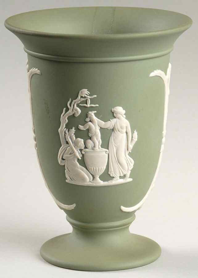 Cream Color on Celadon Jasperware Vase-Cameo by Wedgwood-1