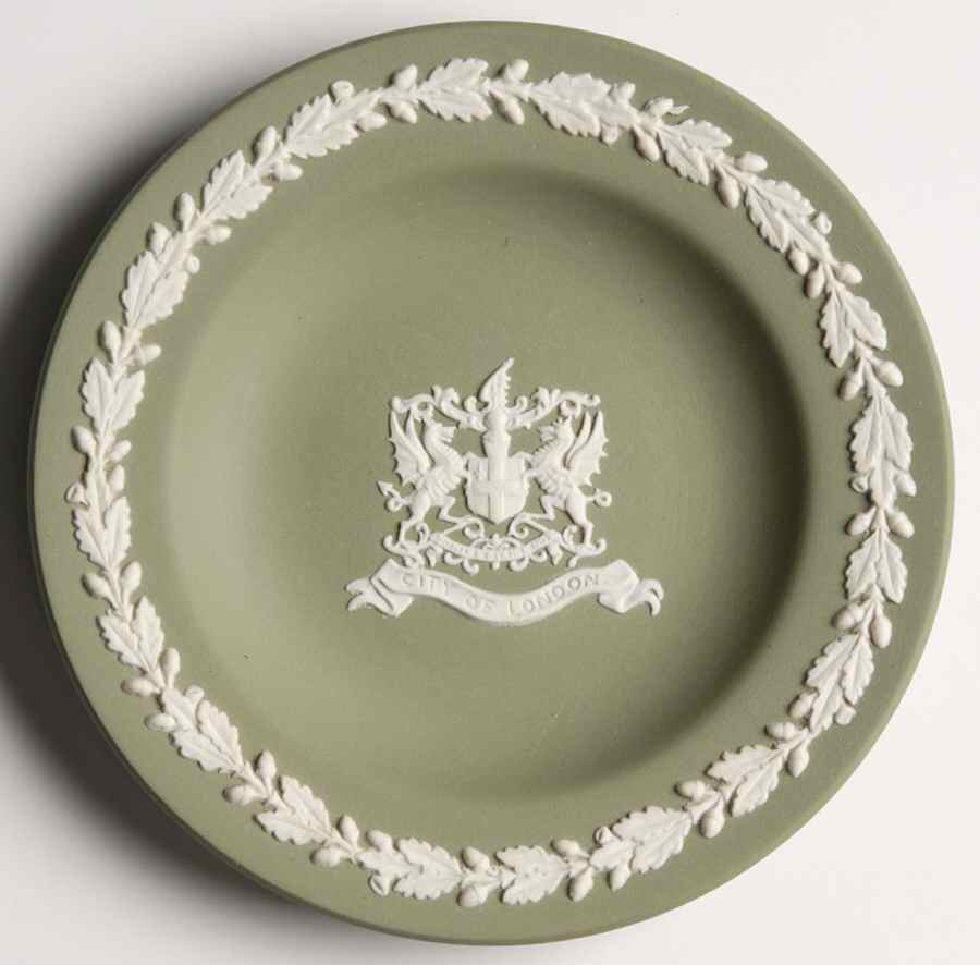 Cream Color on Celadon Jasperware Round Landmark Tray by Wedgwood-1