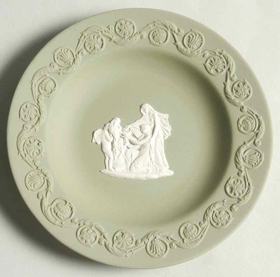 Cream Color on Celadon Jasperware 4" Round Tray by Wedgwood-1