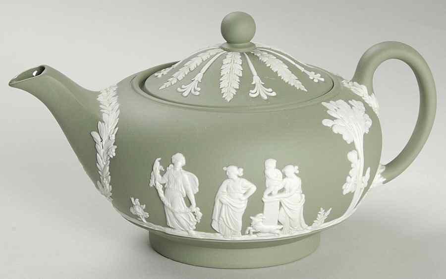 Cream Color on Celadon Jasperware Individual Teapot & Lid by Wedgwood-1