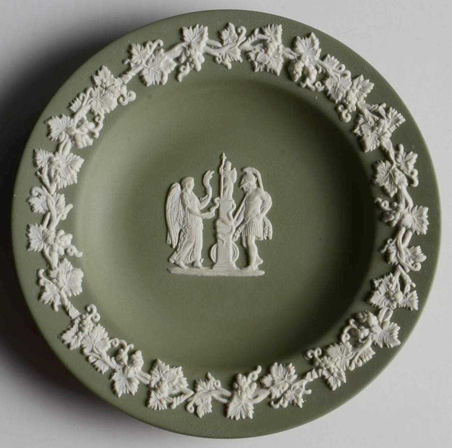 Cream Color on Celadon Jasperware 4" Round Tray by Wedgwood-1