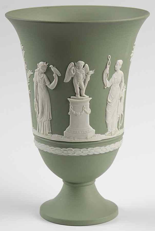 Cream Color on Celadon Jasperware Arcadian Vase by Wedgwood-1