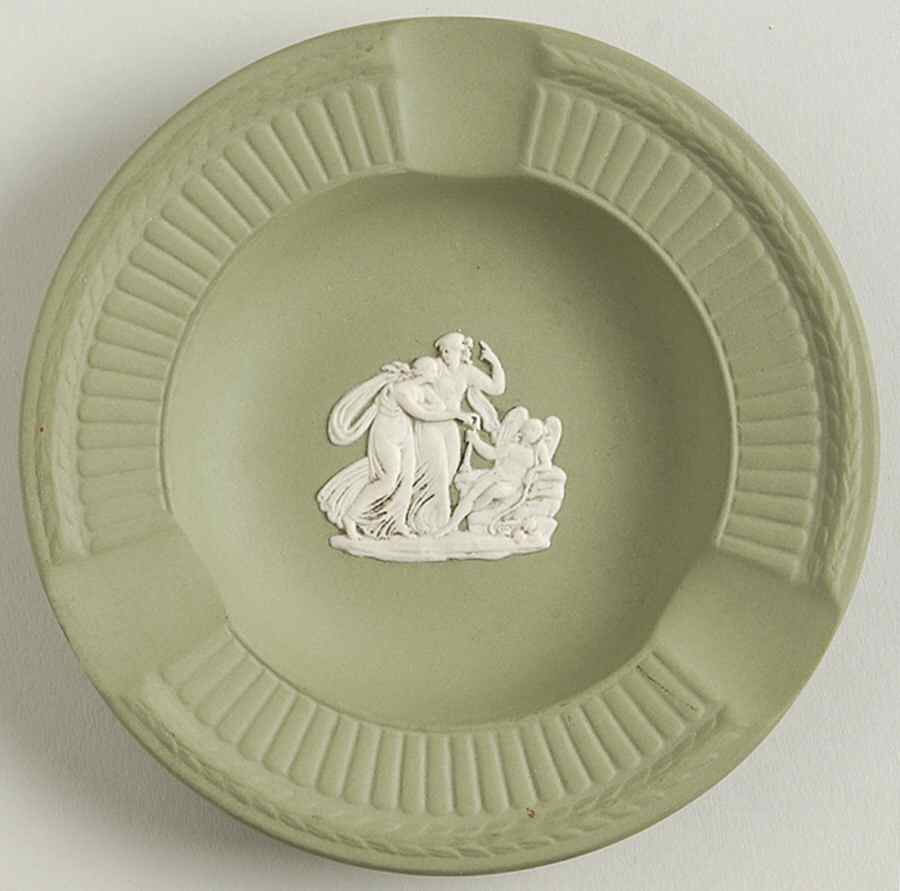 Cream Color on Celadon Jasperware Round Fluted 3-Slot Ashtray by Wedgwood-1