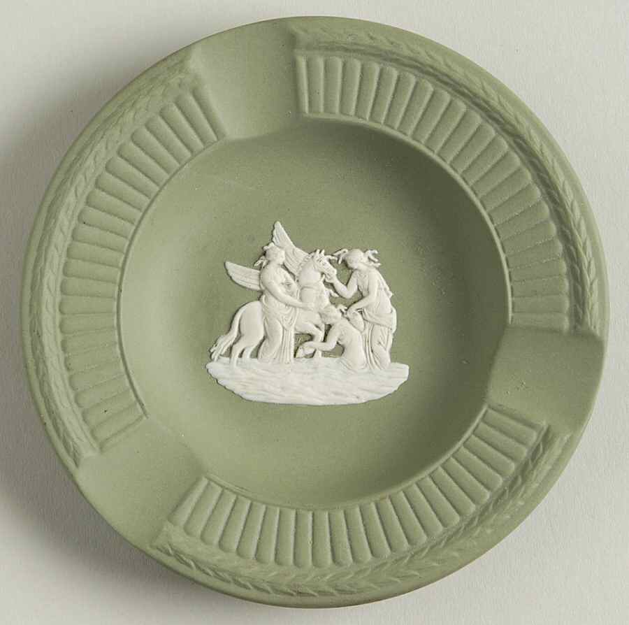 Cream Color on Celadon Jasperware Round Fluted 3-Slot Ashtray by Wedgwood-1