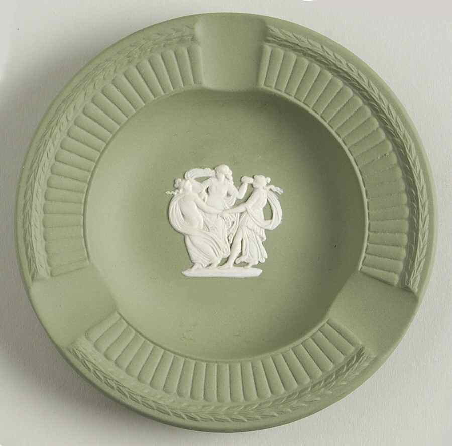 Cream Color on Celadon Jasperware Round Fluted 3-Slot Ashtray by Wedgwood-1