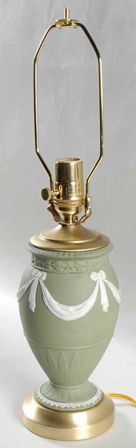 Cream Color on Celadon Jasperware Small Electric Lamp No Shade by Wedgwood-1