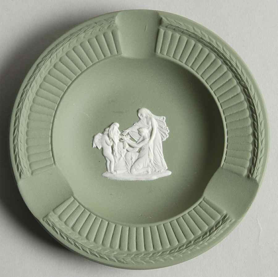Cream Color on Celadon Jasperware Round Fluted 3-Slot Ashtray by Wedgwood-1