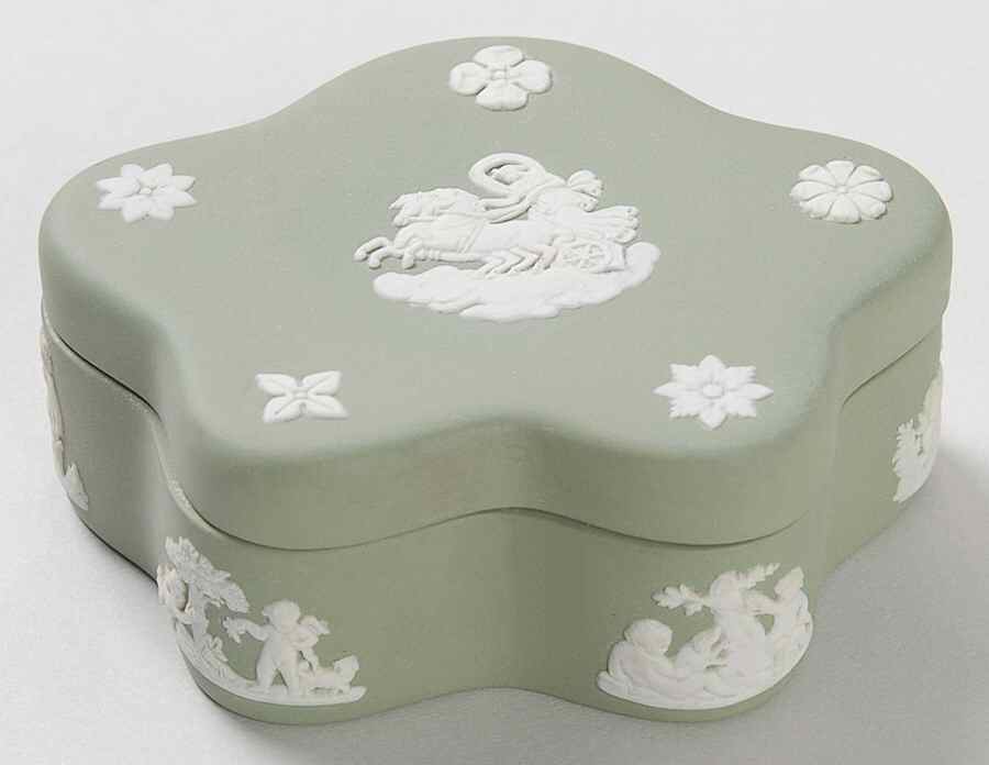 Cream Color on Celadon Jasperware Pentefoil Box & Lid by Wedgwood-1
