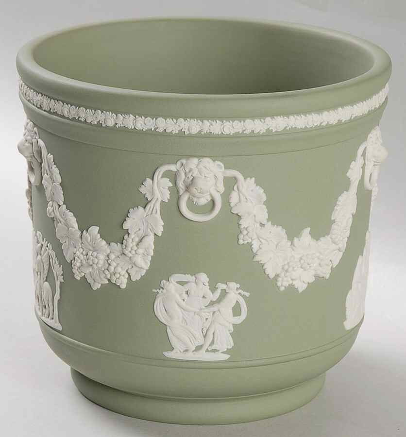 Cream Color on Celadon Jasperware #317 5" Jardiniere by Wedgwood-1