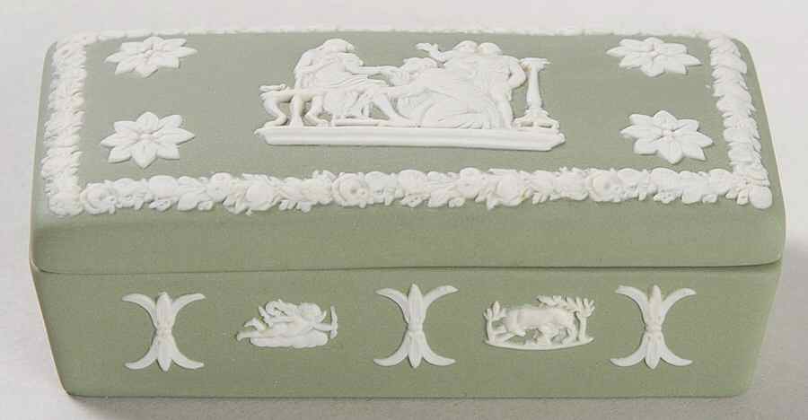 Cream Color on Celadon Jasperware 3" Rectangular Box & Lid by Wedgwood-1