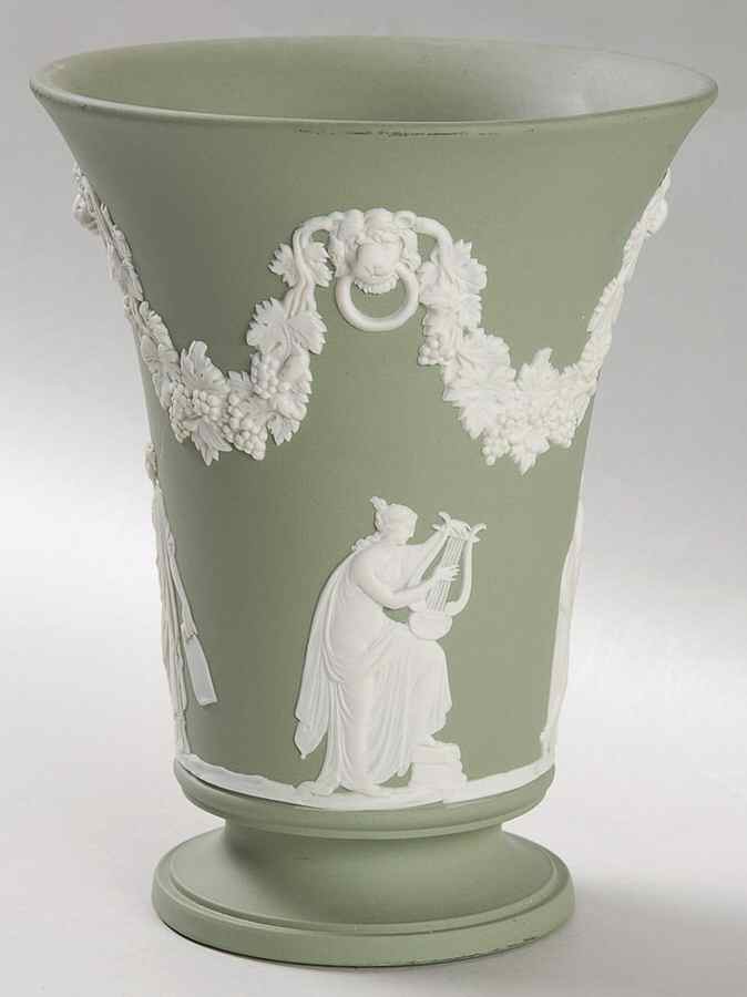 Cream Color on Celadon Jasperware Bacchus Vase by Wedgwood-1